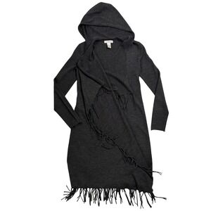 Kenar Cardigan Women Small Gray Fringe Hooded Open Front Wool Blend Long Sweater
